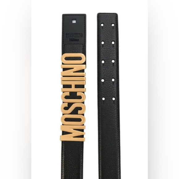 Moschino Couture Black Leather W Gold Textured Logo Belt Size 48 Waist 28-32 - Picture 13 of 16